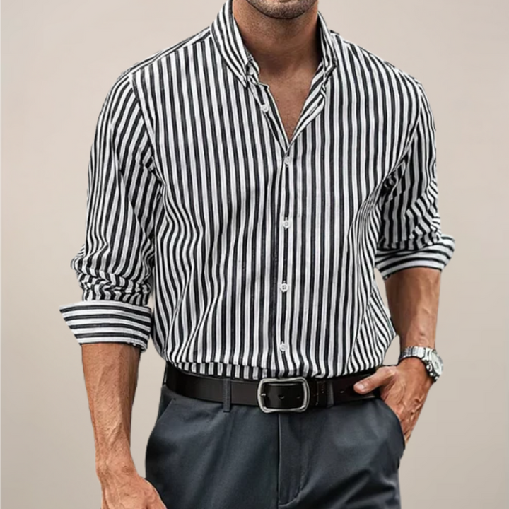 Men's fashion striped long sleeve button-up shirt. All-season classic style for men.