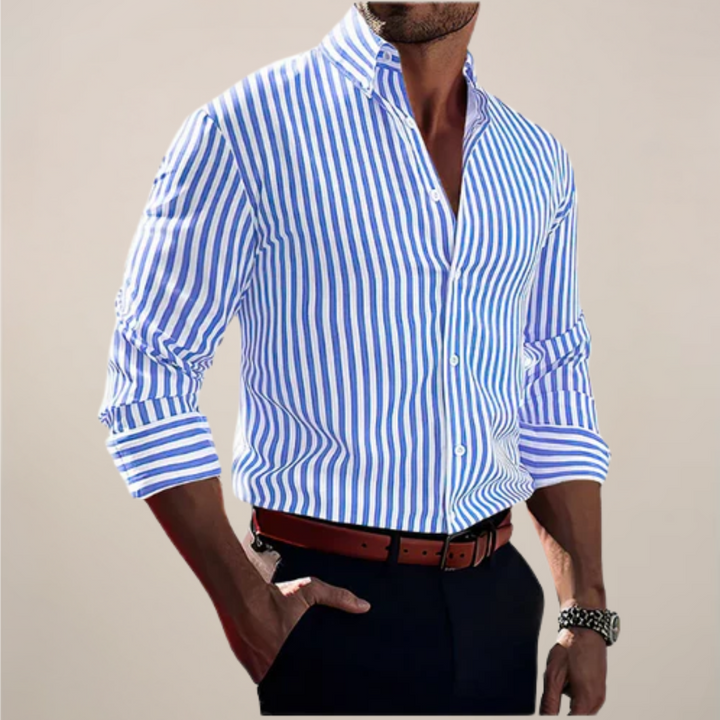 Versatile men's long sleeve button-up striped shirt, perfect for a polished smart casual look.