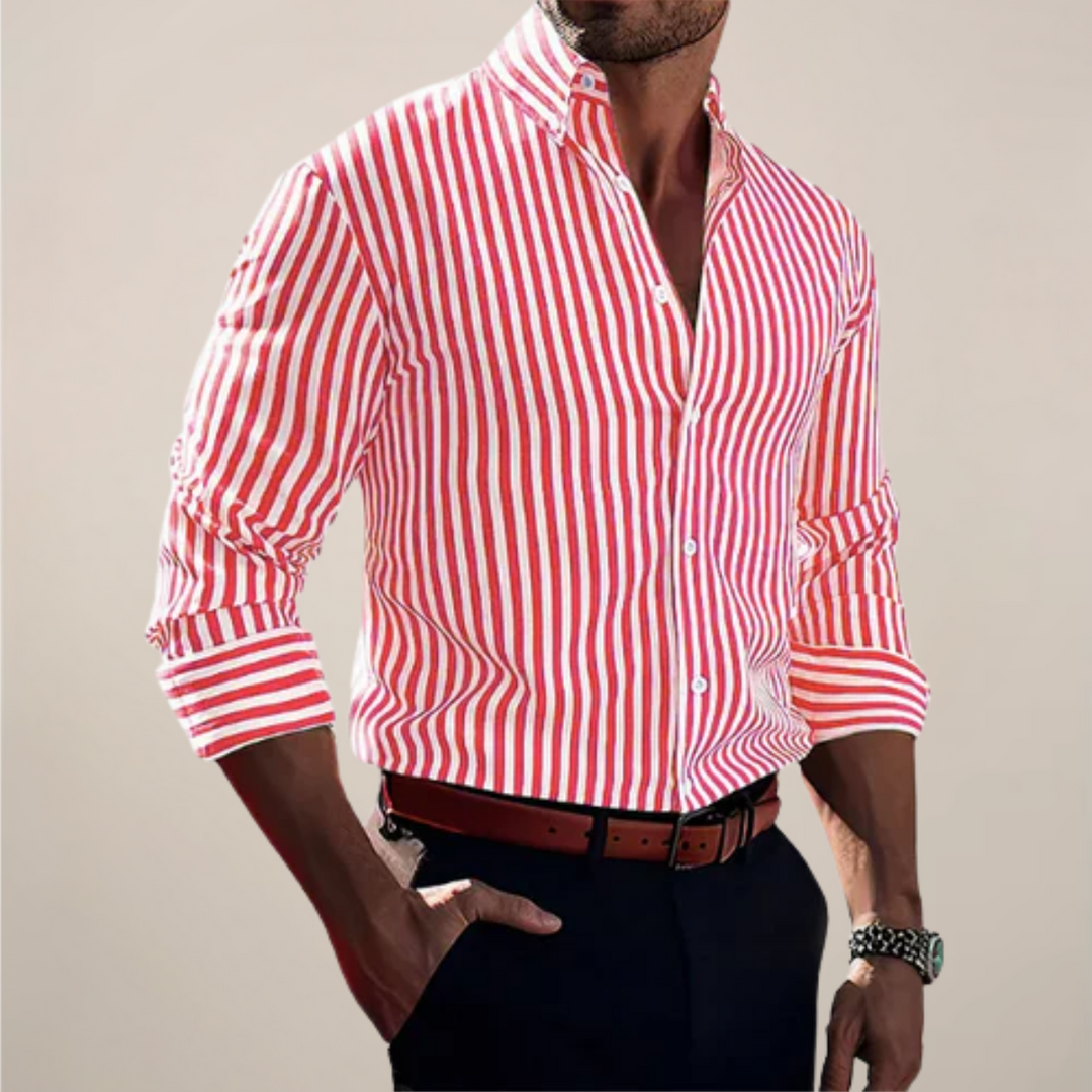Men's classic striped button-up top with long sleeves. Ideal for all season sophisticated style.