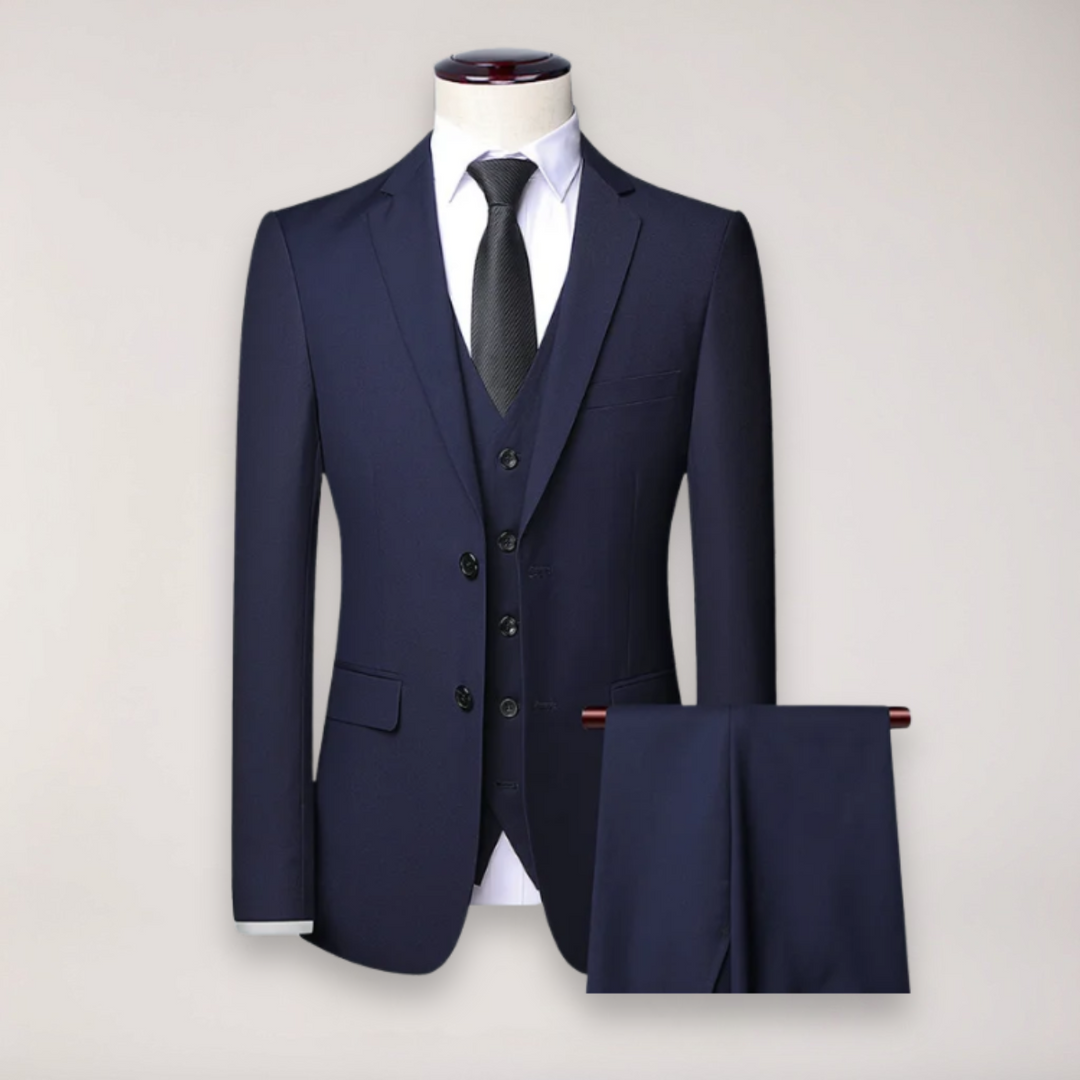 Classic men's tailored three-piece suit, ideal for formal wear, business meetings, and wedding guest attire.
