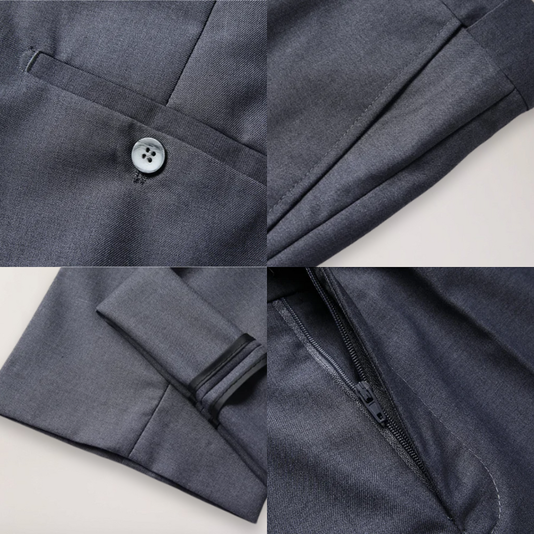 Upscale men's business & wedding suit. A classic three-piece set with blazer, waistcoat & trousers.