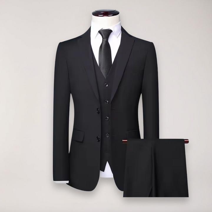 Elegant men's formal suit with a fitted blazer, matching waistcoat, and trousers for business & weddings.