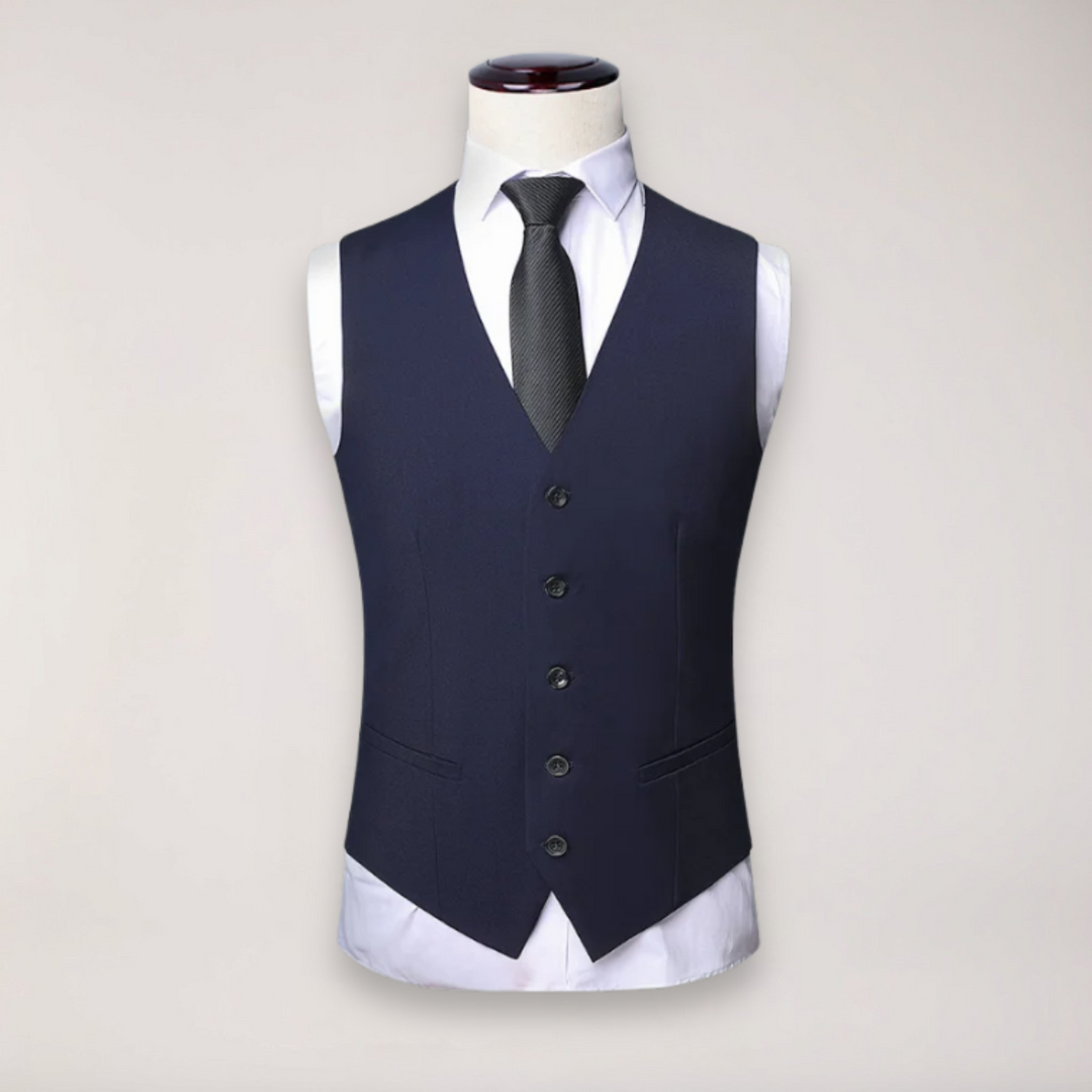 Modern men's three-piece formal suit, suitable for upscale events, business, and wedding celebrations.