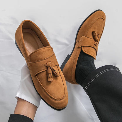 Detail shot: Elegant tassel loafer for men, a classic slip-on dress shoe design with fine craftsmanship.