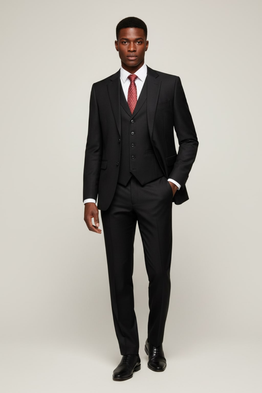 Classic men's three-piece formal suit. Elegant tailored black wedding suit for special events and business.