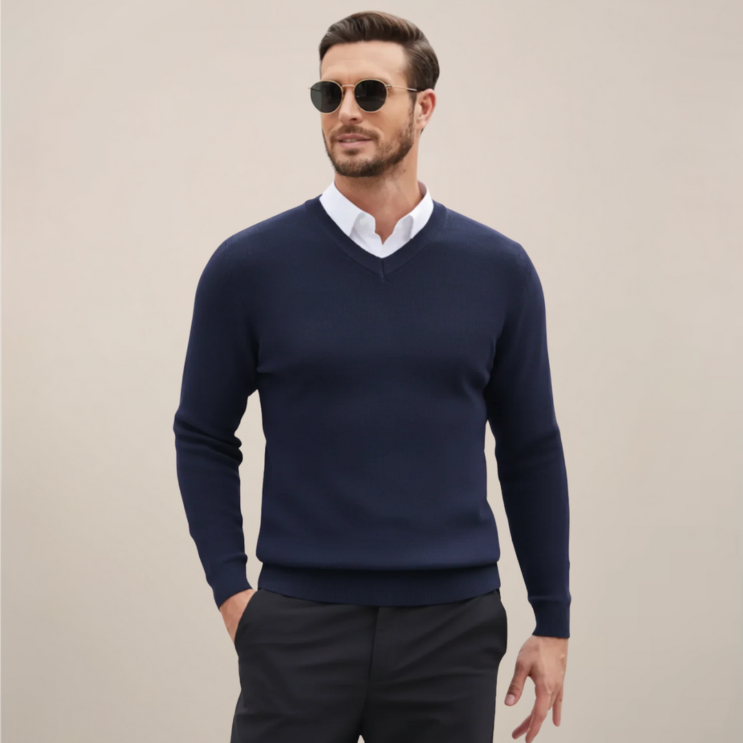 Classic men's V-neck knit sweater for fall & winter layering. Comfortable and versatile men's apparel.