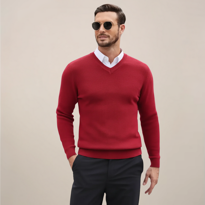 Classic men's V-neck knit sweater, a timeless pullover ideal for stylish layering in fall and winter.