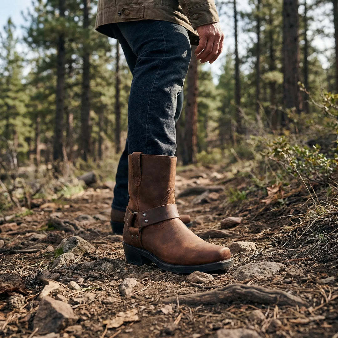 Classic men's Western cowboy boots, Allan style. Durable slip-on design with comfortable block heel for rugged wear.