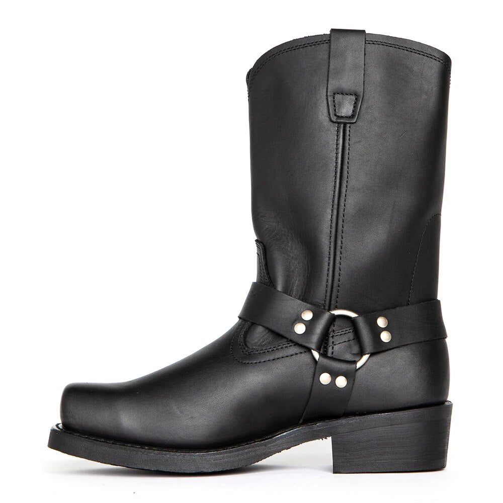 Stylish men's cowboy boots, classic Western design. Versatile black or dark brown durable footwear for all seasons.