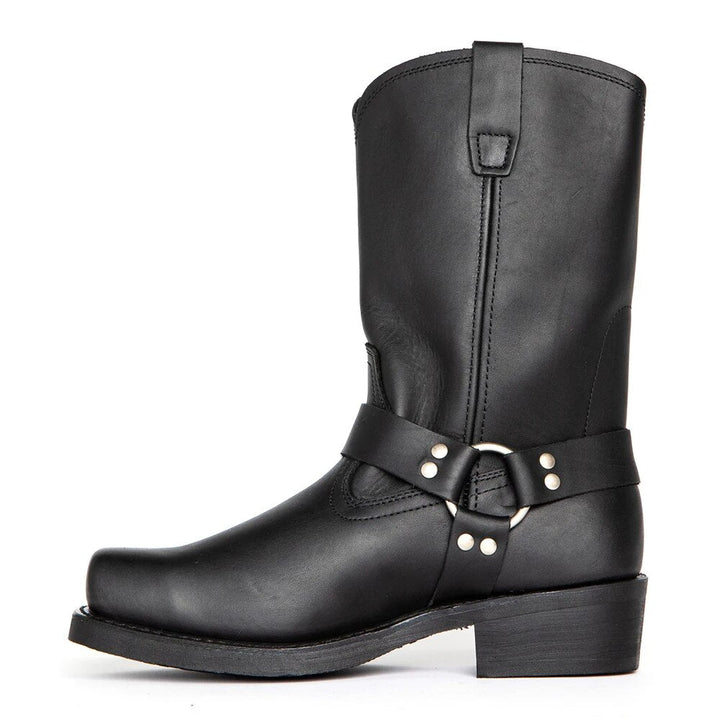 Stylish men's cowboy boots, classic Western design. Versatile black or dark brown durable footwear for all seasons.