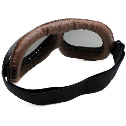 Close-up of classic pilot biker goggles, showcasing design for vintage appeal and protection