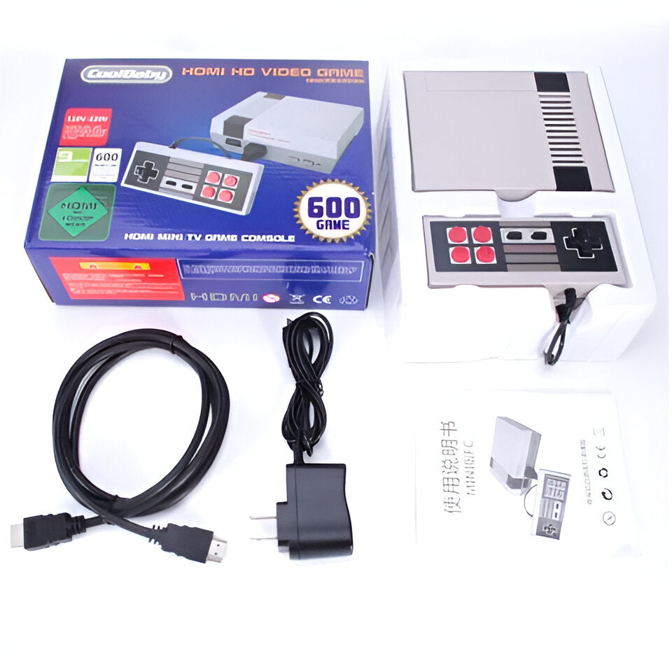 Vintage 8-bit gaming system, recreating childhood nostalgia with 620 classic video games & wired controllers.