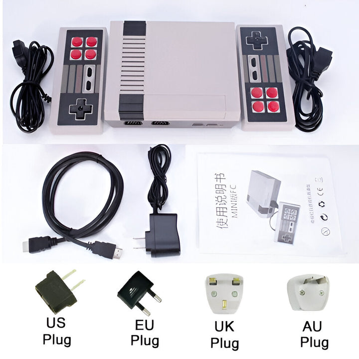 8-bit retro gaming console featuring 620 classic video games, includes wired controllers for a complete setup.