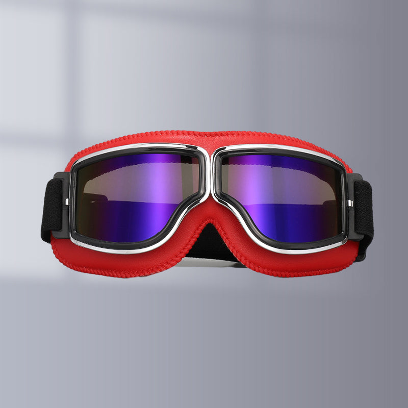 Chrome frame retro motorcycle goggles, amber lens, vintage biker style, eye protection.