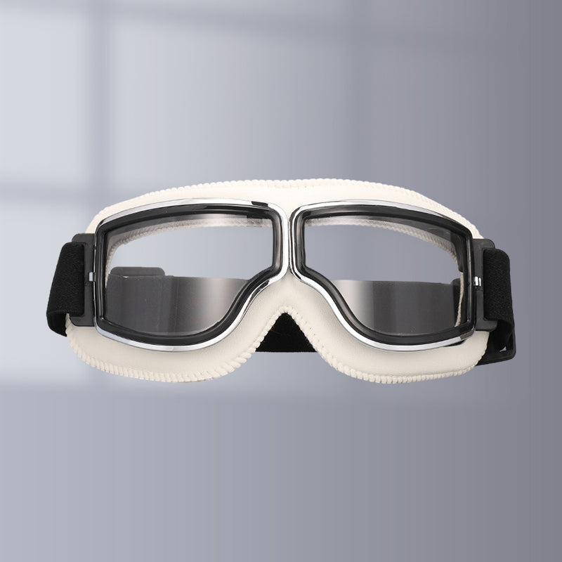 Modern retro motorcycle goggles, anti-fog, UV protective for clear vision.