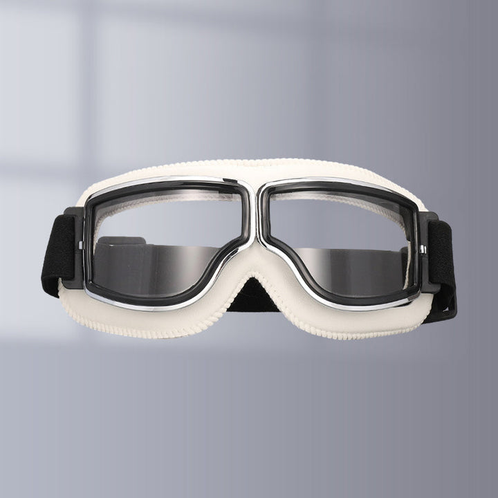 Modern retro motorcycle goggles, anti-fog, UV protective for clear vision.