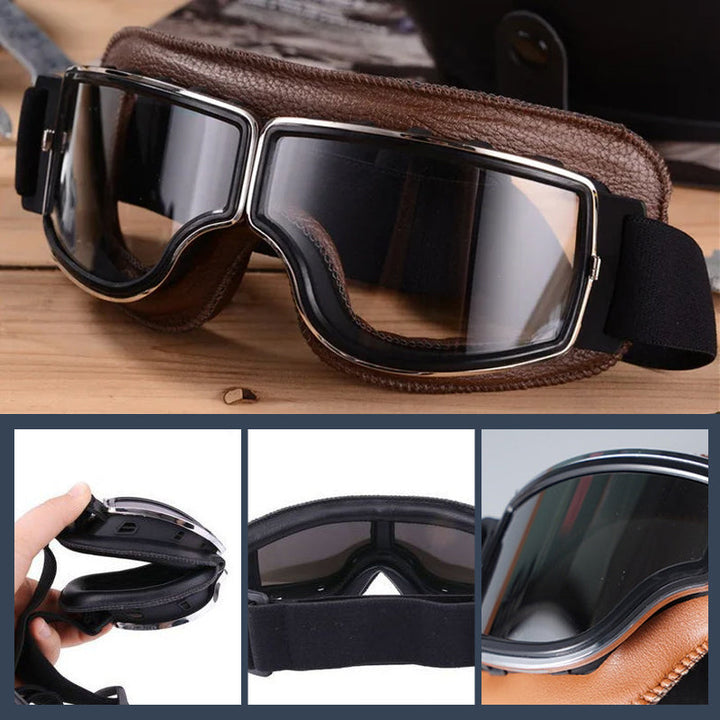 Hiking & cycling goggles, vintage look, UV protection for outdoor enthusiasts.