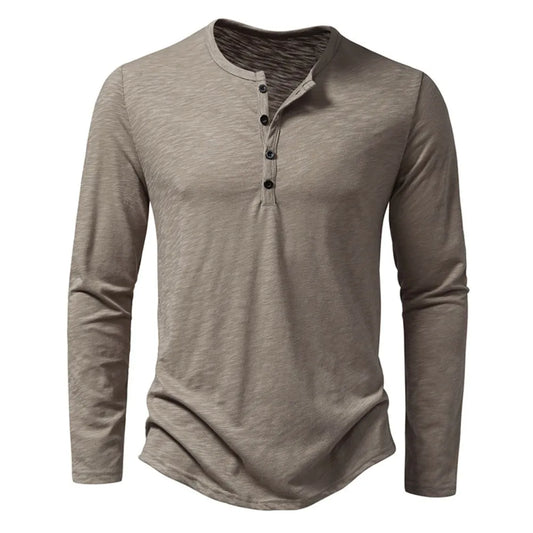 Classic slim-fit men's henley shirt in a neutral color, perfect for everyday casual wear.