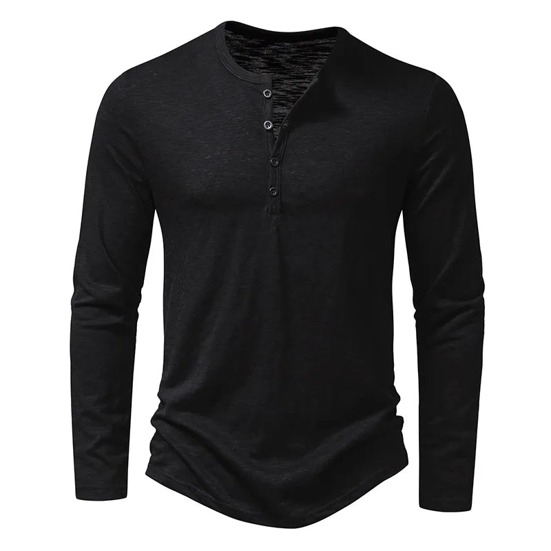 Autumnal styled long sleeve men's henley, an essential menswear piece for cool weather.