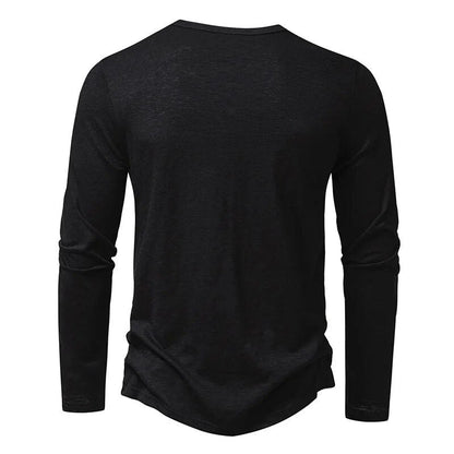 Man wearing a classic slim fit henley with jeans, showcasing a complete casual outfit.