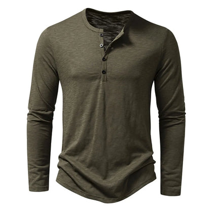 Navy blue men's classic slim fit henley shirt, an essential menswear item for any wardrobe.