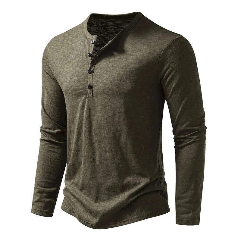 White long sleeve men's henley shirt, a clean and classic top for casual everyday wear.