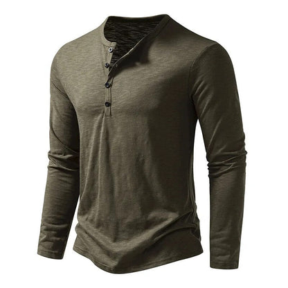 White long sleeve men's henley shirt, a clean and classic top for casual everyday wear.
