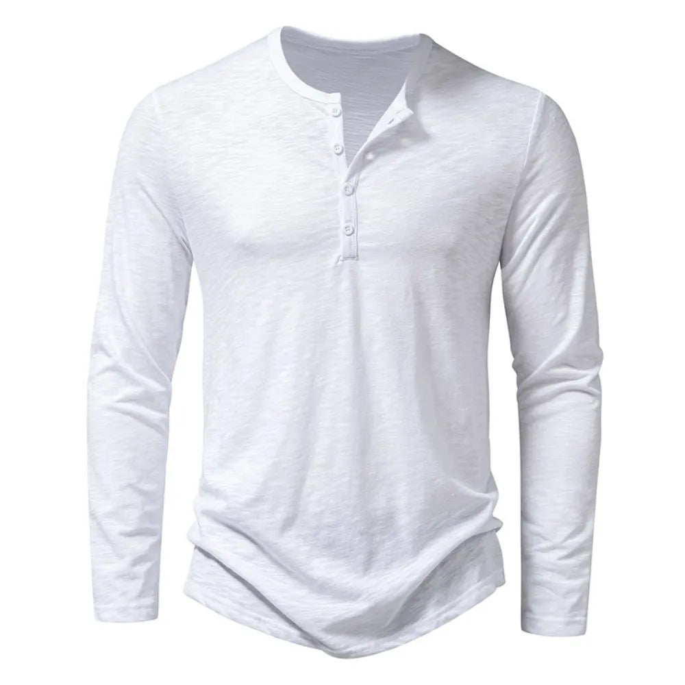Back of a stylish men's slim fit henley shirt, emphasizing its classic design and quality.