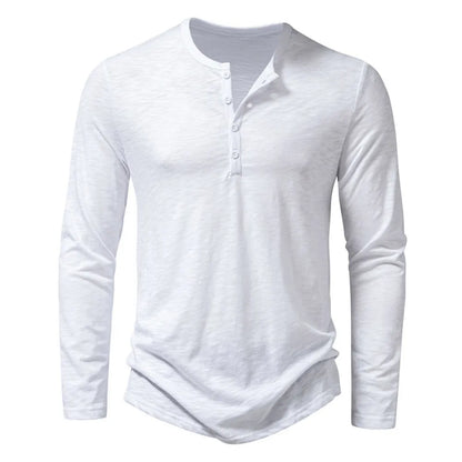 Back of a stylish men's slim fit henley shirt, emphasizing its classic design and quality.
