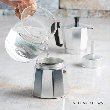 Durable aluminum moka pot for easy stovetop espresso home brewing. Perfect for Italian & Cuban coffee.