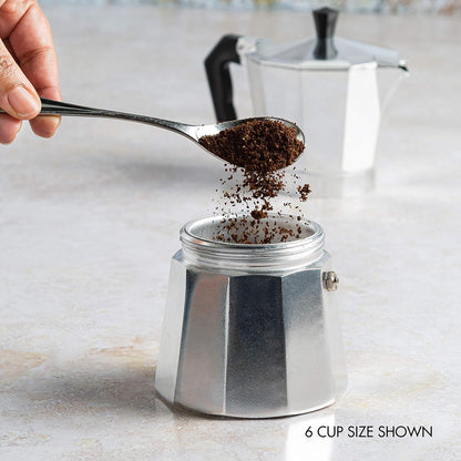 Portable classic moka pot, an essential stovetop espresso maker for delicious Italian & Cuban coffee.