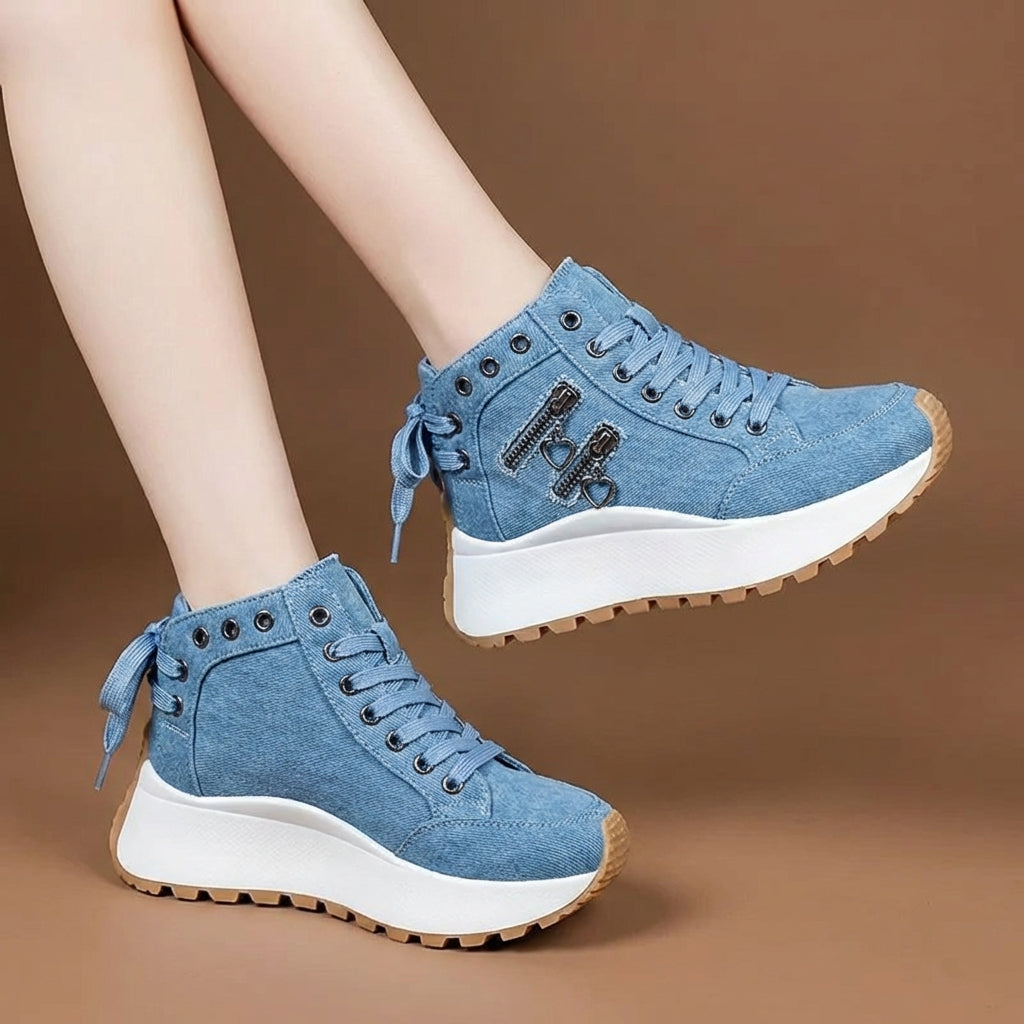 Durable indigo denim lace-up sneakers, perfect for unisex daily wear and long-lasting comfort.