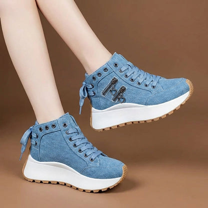 Durable indigo denim lace-up sneakers, perfect for unisex daily wear and long-lasting comfort.