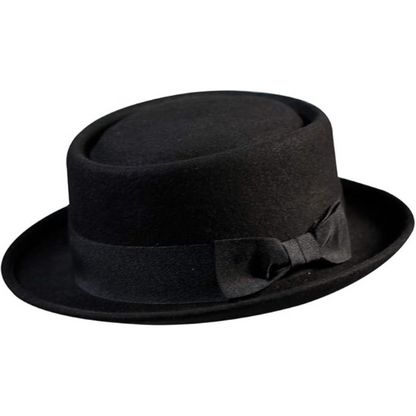Classic unisex wool felt pork pie fedora hat in dark grey, perfect for men & women's winter fashion.