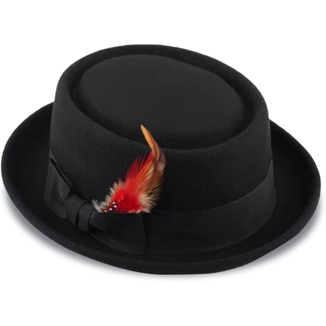 Close-up of a premium wool felt pork pie fedora hat, highlighting its texture and classic unisex style. Winter accessory.
