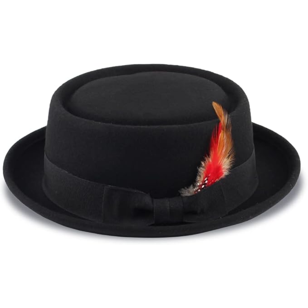 Stylish unisex wool felt pork pie fedora hat on a mannequin, showcasing its elegant classic design for winter fashion.