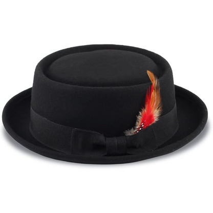 Stylish unisex wool felt pork pie fedora hat on a mannequin, showcasing its elegant classic design for winter fashion.