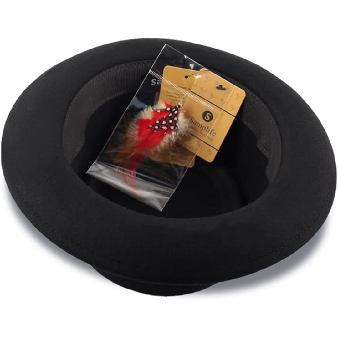 Black wool felt pork pie fedora hat with a distinct flat crown and brim, a timeless unisex accessory for men & women.