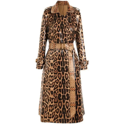 Classic women's double-breasted trench coat, elegant long outerwear for fall/winter sophistication.
