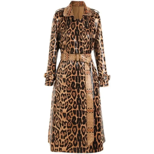 Classic women's double-breasted trench coat, elegant long outerwear for fall/winter sophistication.