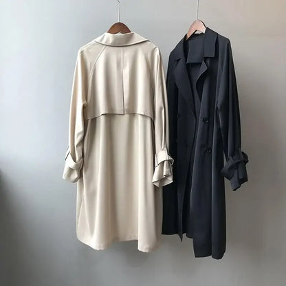 Versatile double-breasted trench coat for women, a stylish long classic jacket for all seasons.