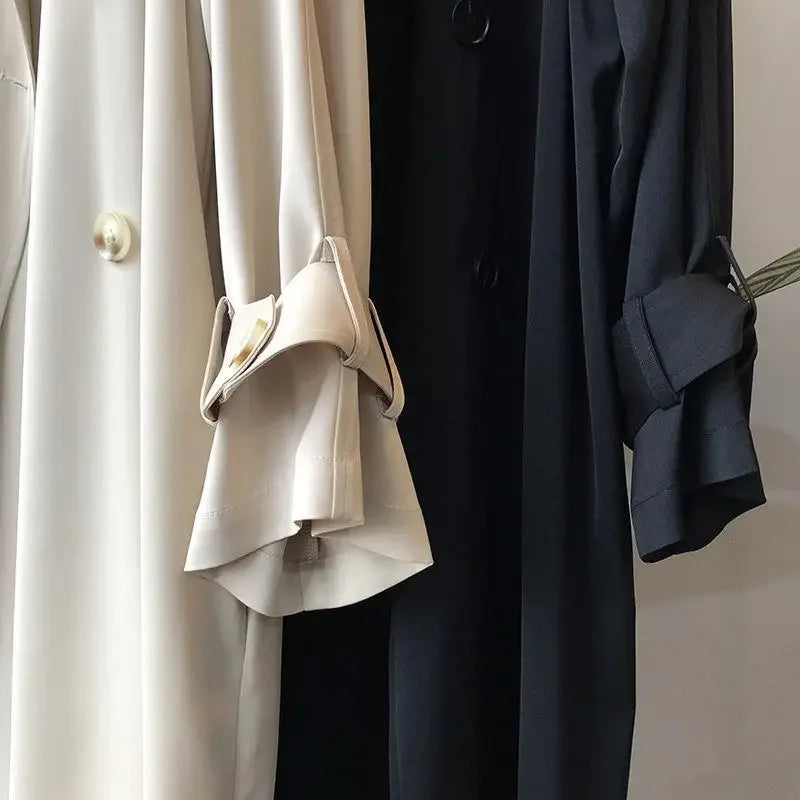 Fashionable women's double-breasted trench coat, classic style for versatile spring, fall & everyday wear.