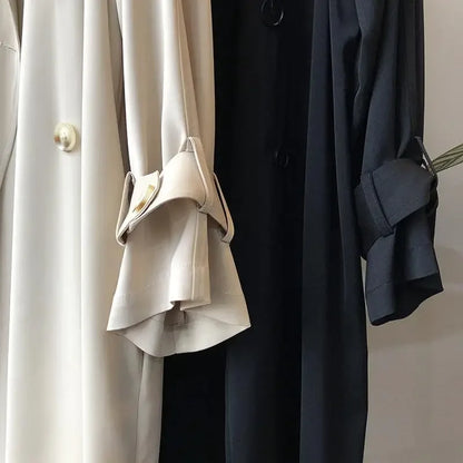 Fashionable women's double-breasted trench coat, classic style for versatile spring, fall & everyday wear.