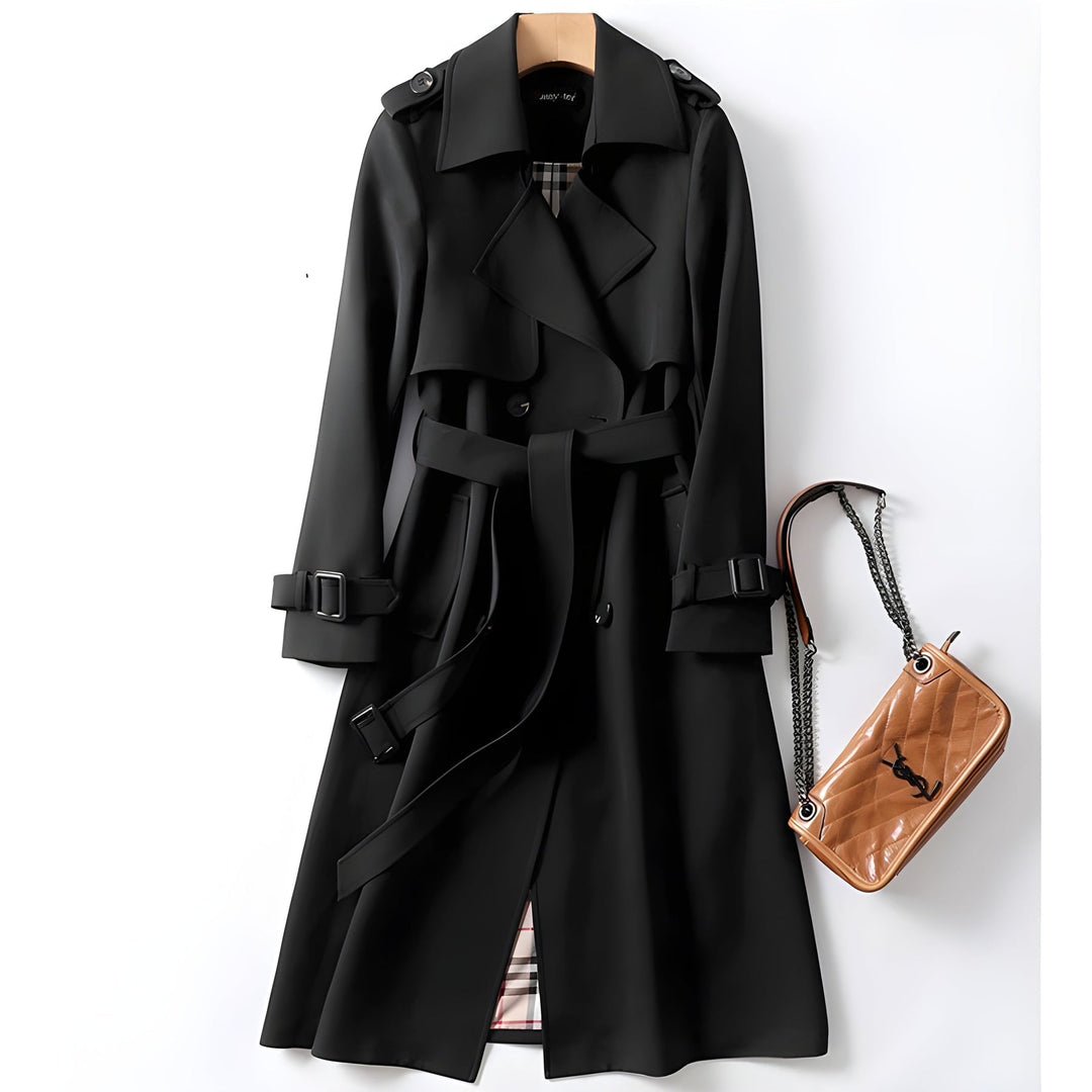Women's trench coat, perfect over business casual, belted and water-resistant, classic autumn & spring outerwear.