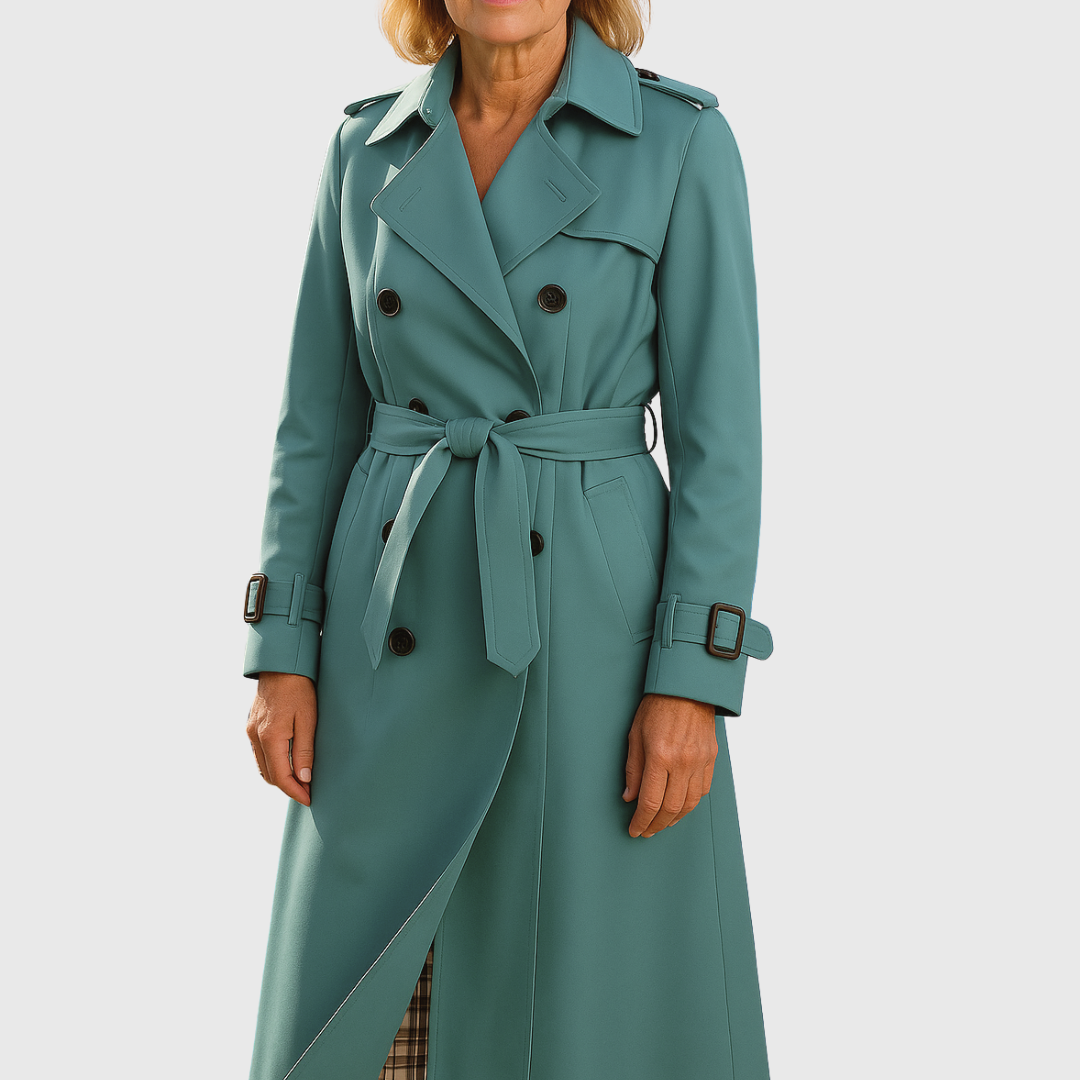 Versatile women's trench coat, double-breasted, belted, water-resistant, ideal for timeless spring & autumn style.