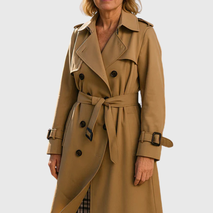 Classic women's double-breasted trench coat with belt, water-resistant for elegant everyday autumn & spring wear.