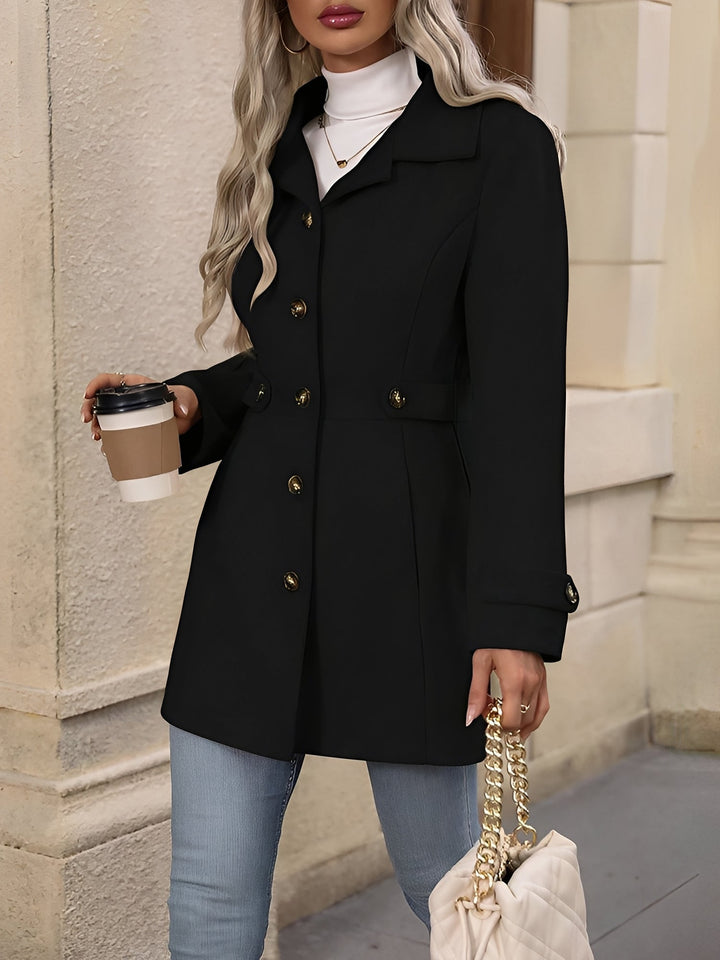 Durable women's double-breasted trench coat, a classic belted outerwear for all seasons.