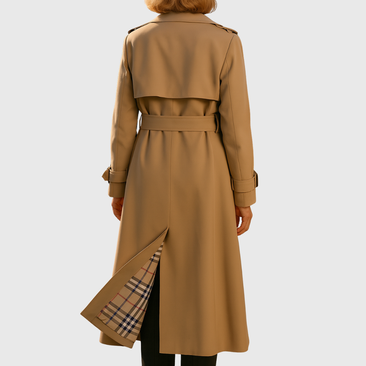 Stylish women's belted trench coat, double-breasted design, water-resistant, versatile outerwear for classic fashion.