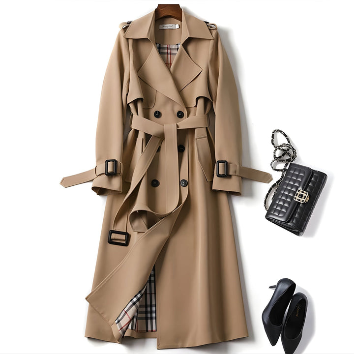 Elegant women's trench coat, classic style, perfect everyday fashion for spring & autumn. Features a belt.