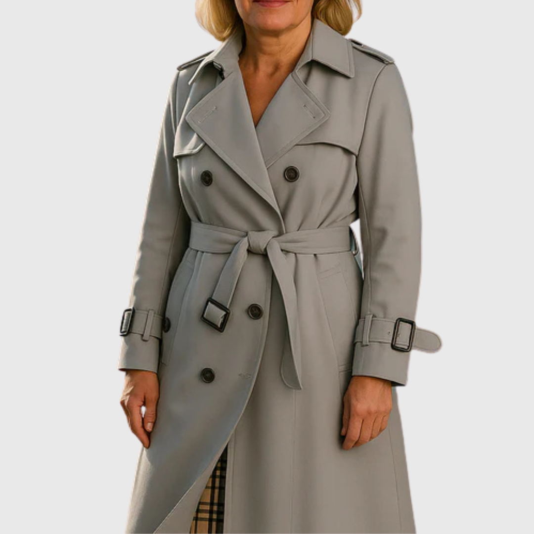 Khaki women's trench coat, belted & double-breasted, water-resistant classic everyday outerwear for all seasons.